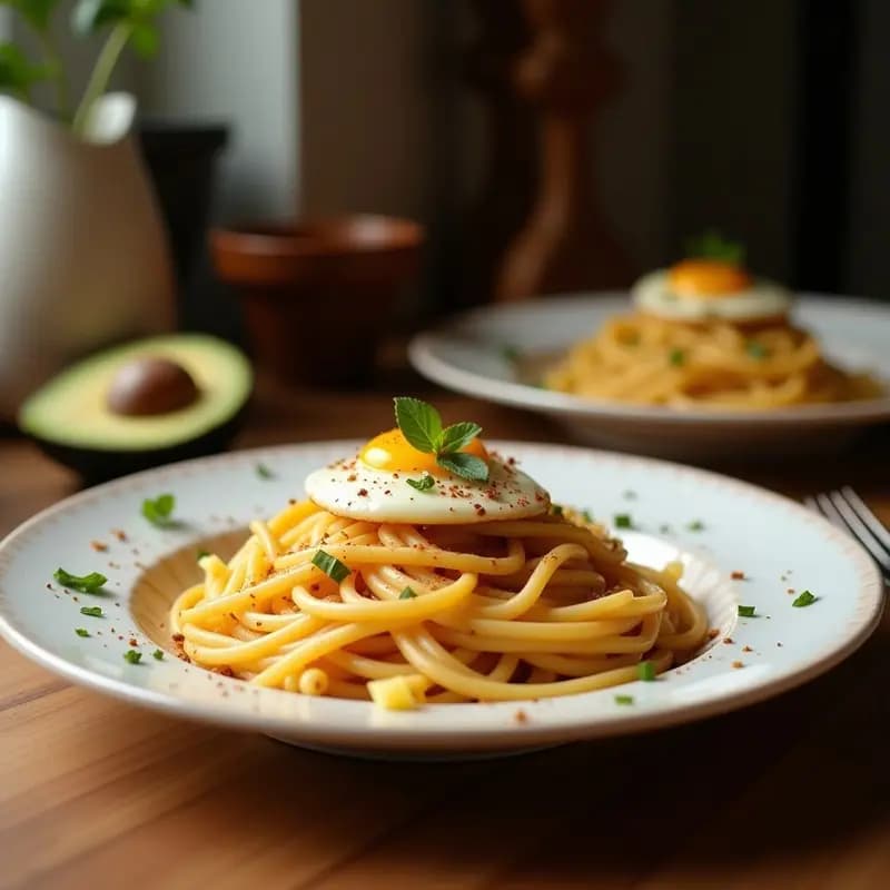Pasta Carbonara con Tocino Crujiente y Huevo Frito Encima: Receta Italiana con Toque Americano