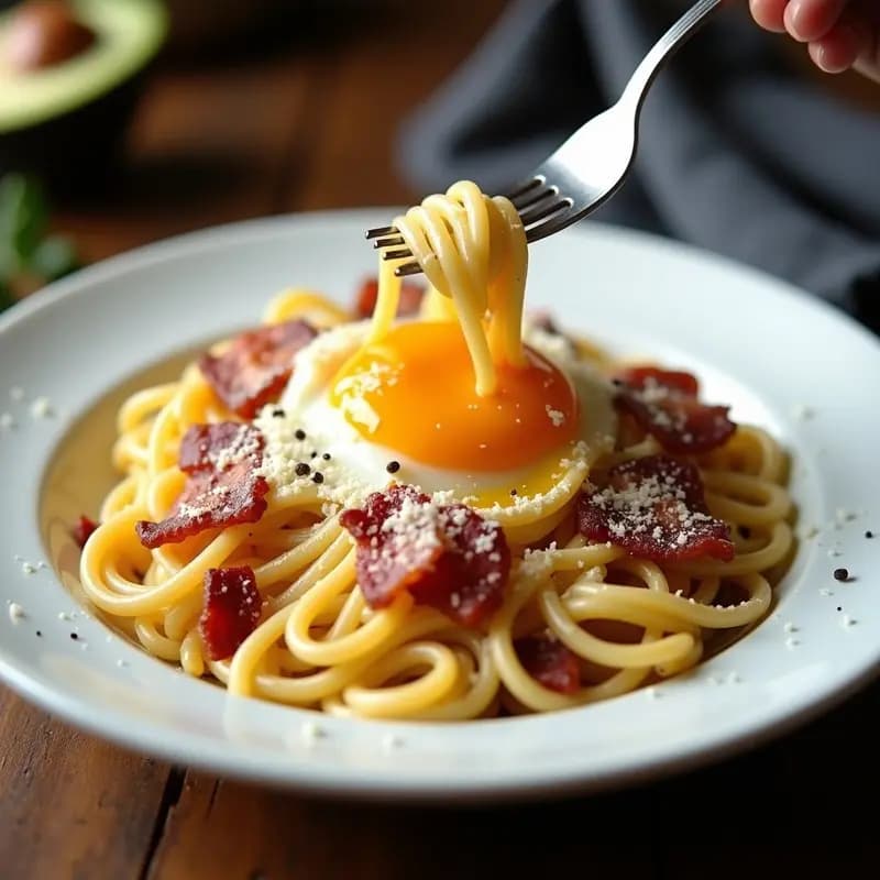 Pasta Carbonara con Tocino Extra Crujiente y Yema de Huevo: Receta Italiana que Desafía los Límites