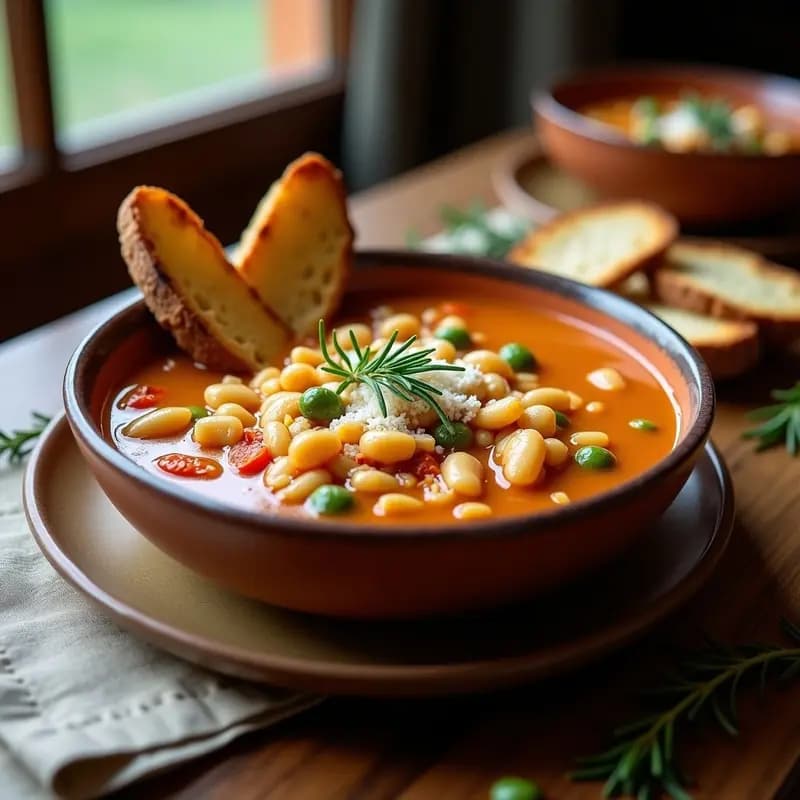 Pasta e Fagioli con Habas y Pan Tostado: Sopa Italiana de Legumbres en Olla Exprés
