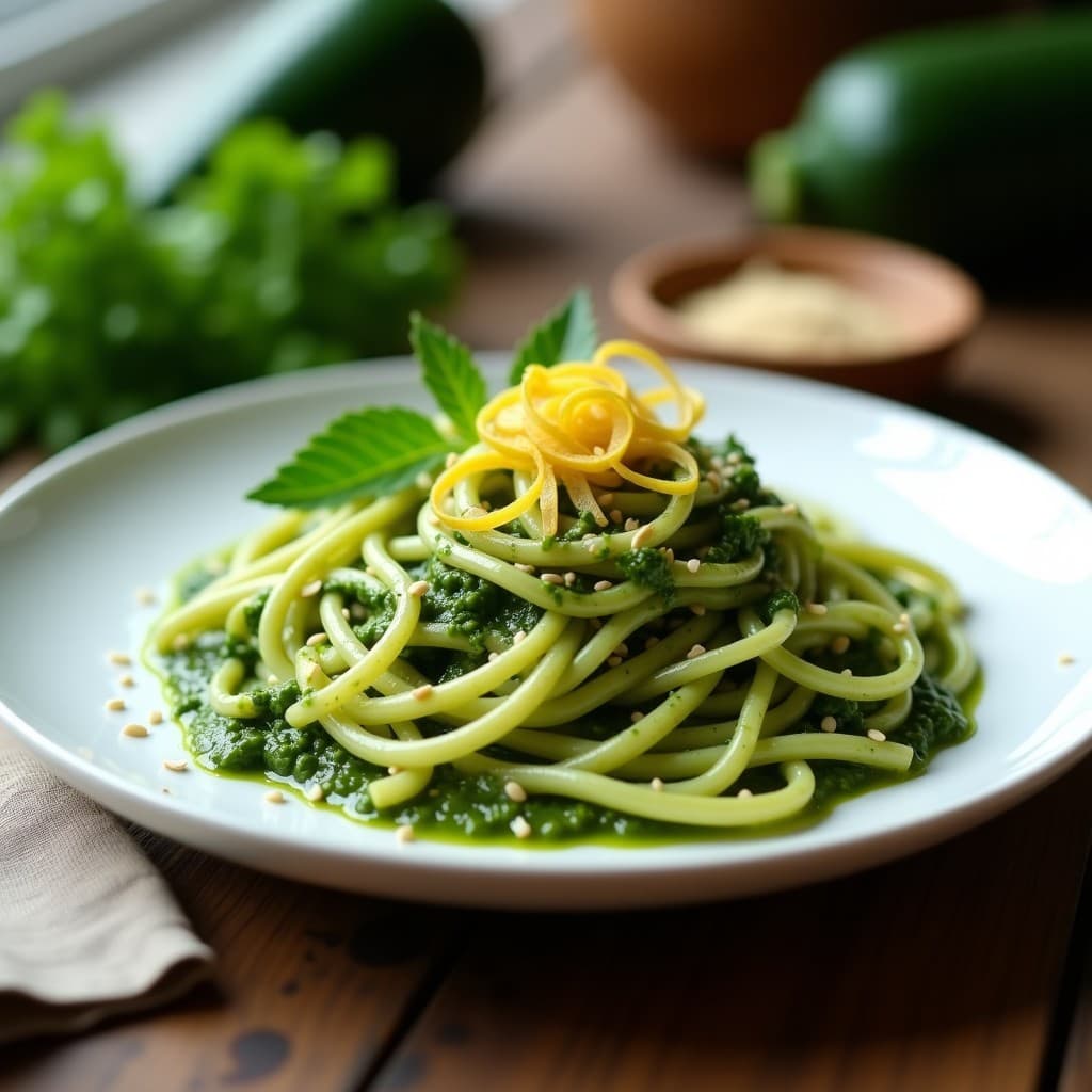 Pasta de Espaguetis de Calabacín y Pesto de Ortigas: Receta Italiana Vegana y Detox