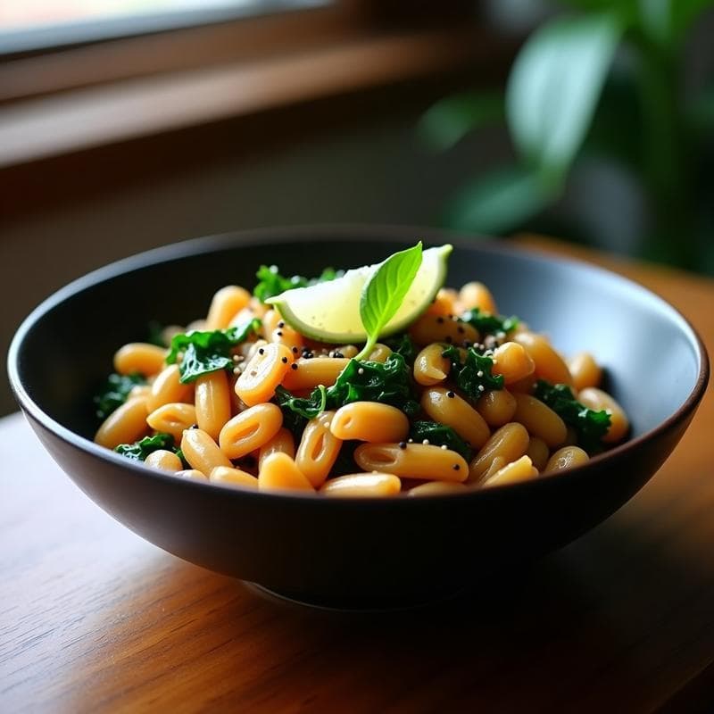 Pasta de espinacas y alga wakame con salsa de cacahuetes: Receta Fusion Asia-Europa Vegana