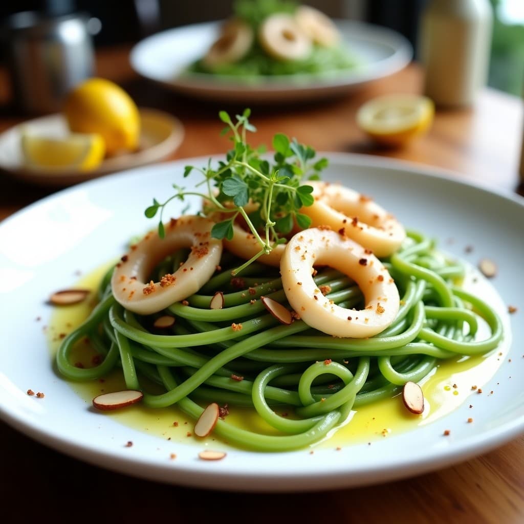 Pasta de Espirulina y Calamar a la Plancha: Receta Gourmet Alta en Hierro