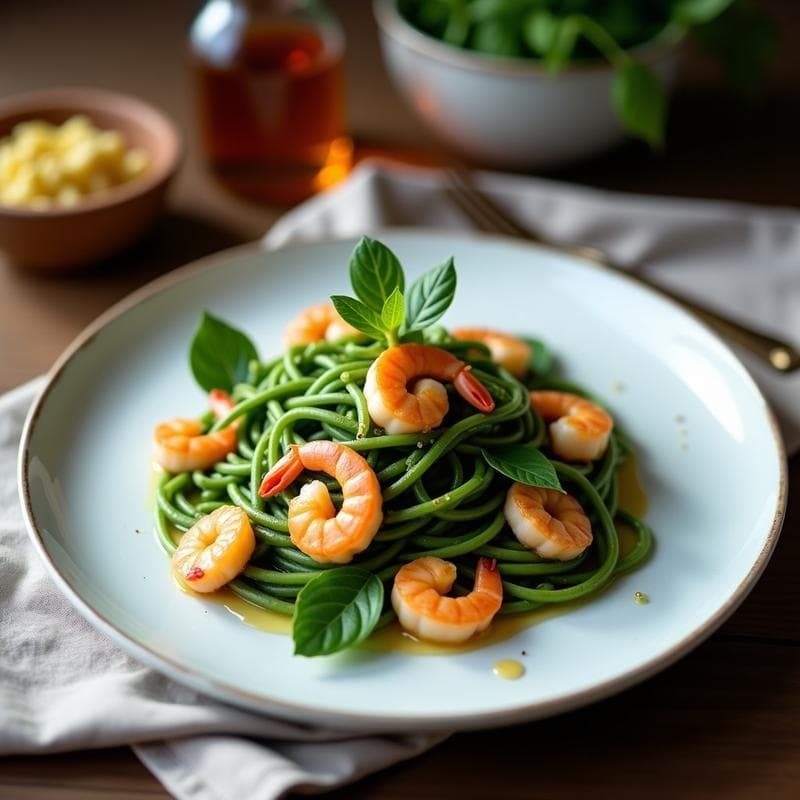 Pasta de Espirulina con Gambas y Ajo: Receta Keto en 20 Minutos con Toque Marina