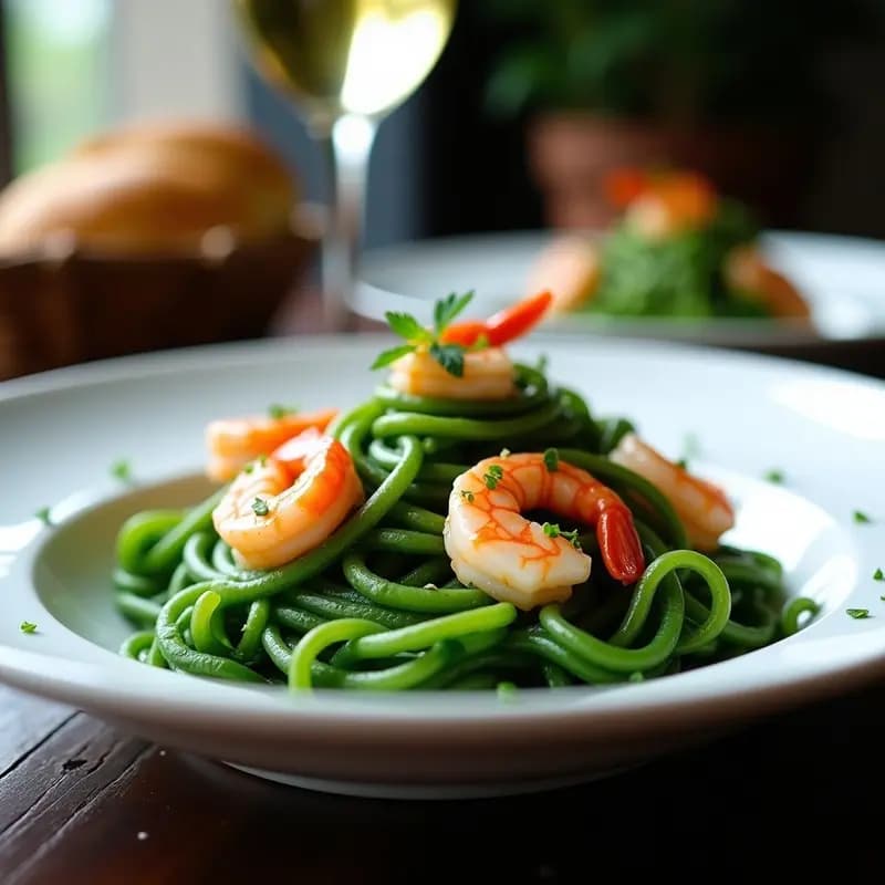 Pasta de Espirulina con Gambas y Ajo Negro: Receta Italiana Modernista y Nutritiva