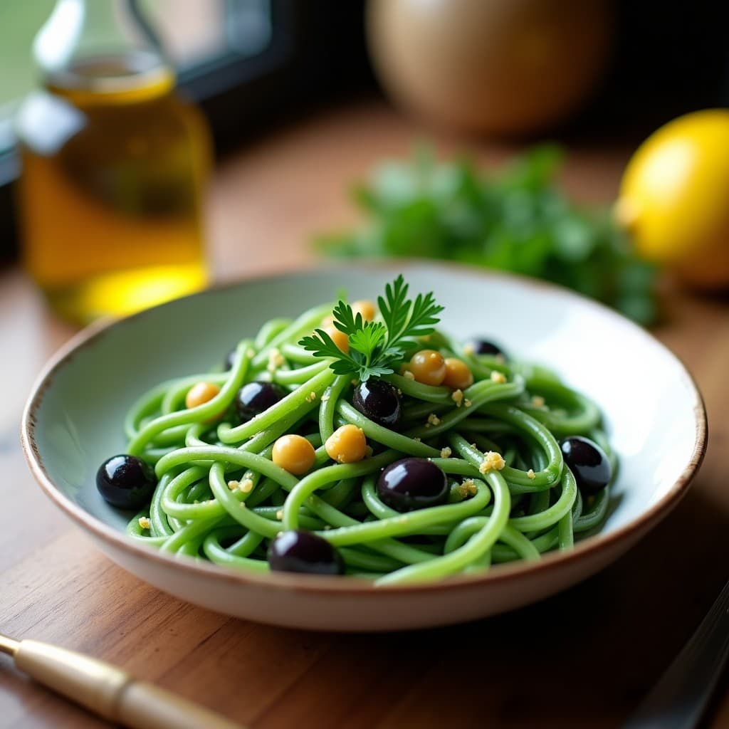 Pasta de Espirulina y Garbanzos con Salsa de Limón y Aceitunas: Receta Vegana y Sin Gluten