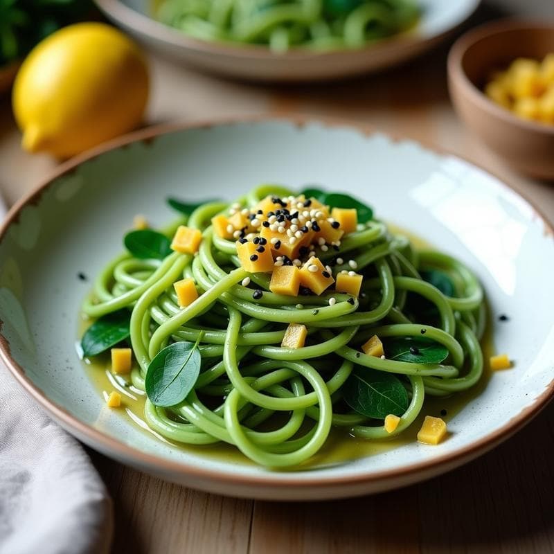 Pasta de Espirulina con Salsa de Anacardos y Limón Confitado: Receta Vegana y Alta en Proteína
