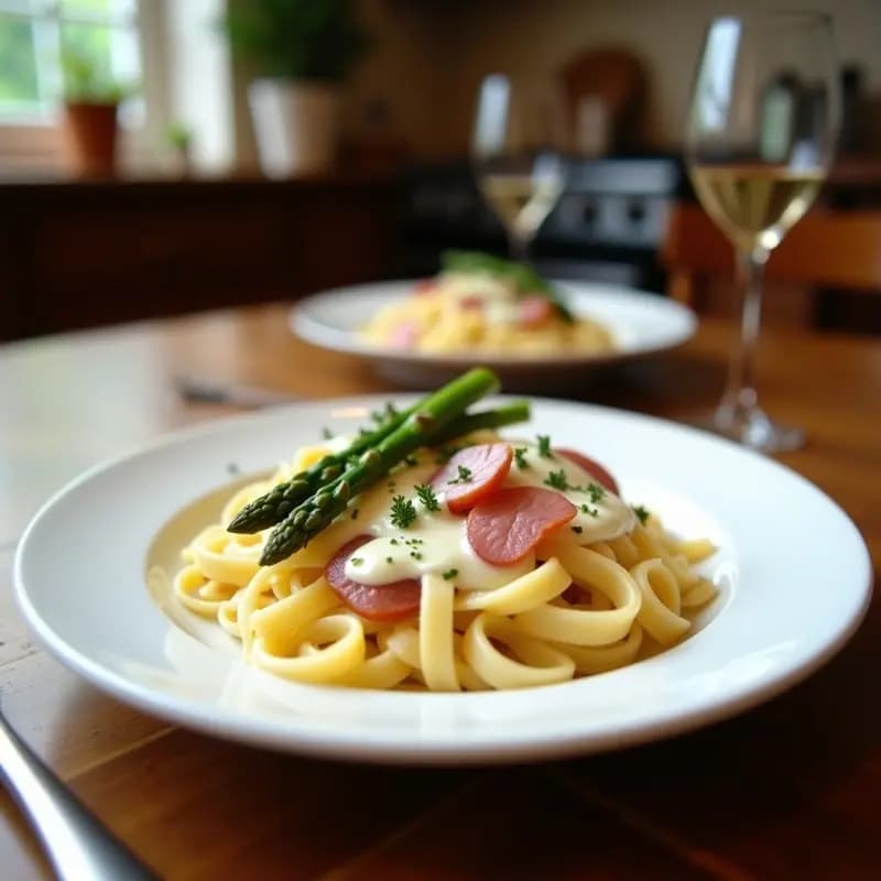 Pasta al Fredo con Espárragos y Jamón Serrano: Receta Italiana en Airfryer Sin Nata