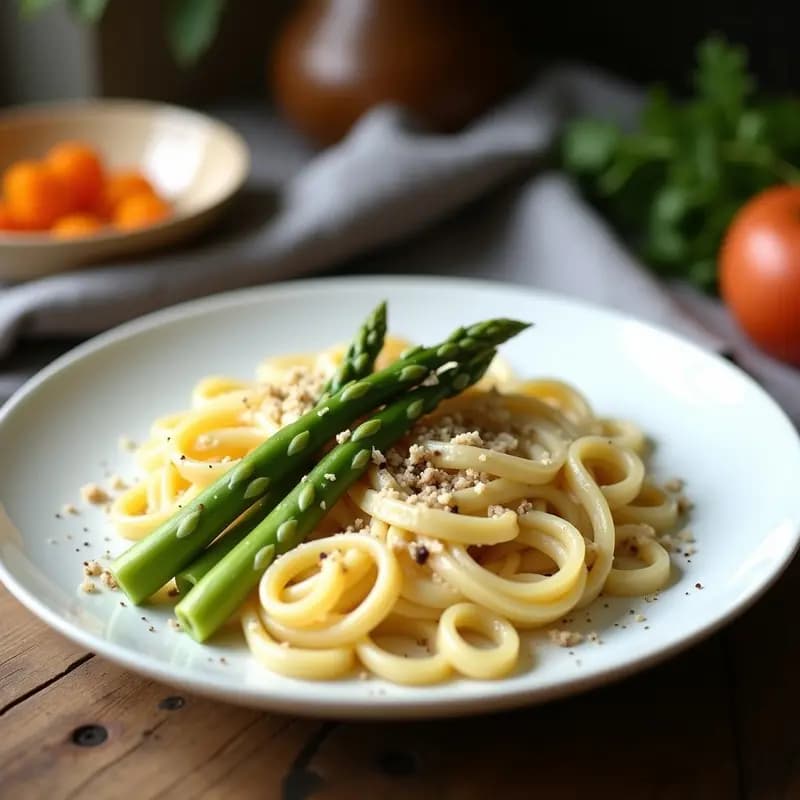 Pasta Carlo al Fredo con Espárragos y Trufa Blanca: Receta Italiana Gourmet