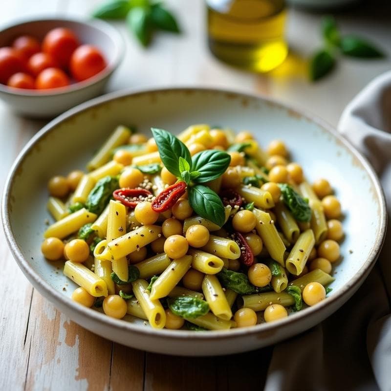 Pasta de Garbanzo con Pesto de Albahaca y Tomates Secos: Receta Vegana y Alta en Fibra