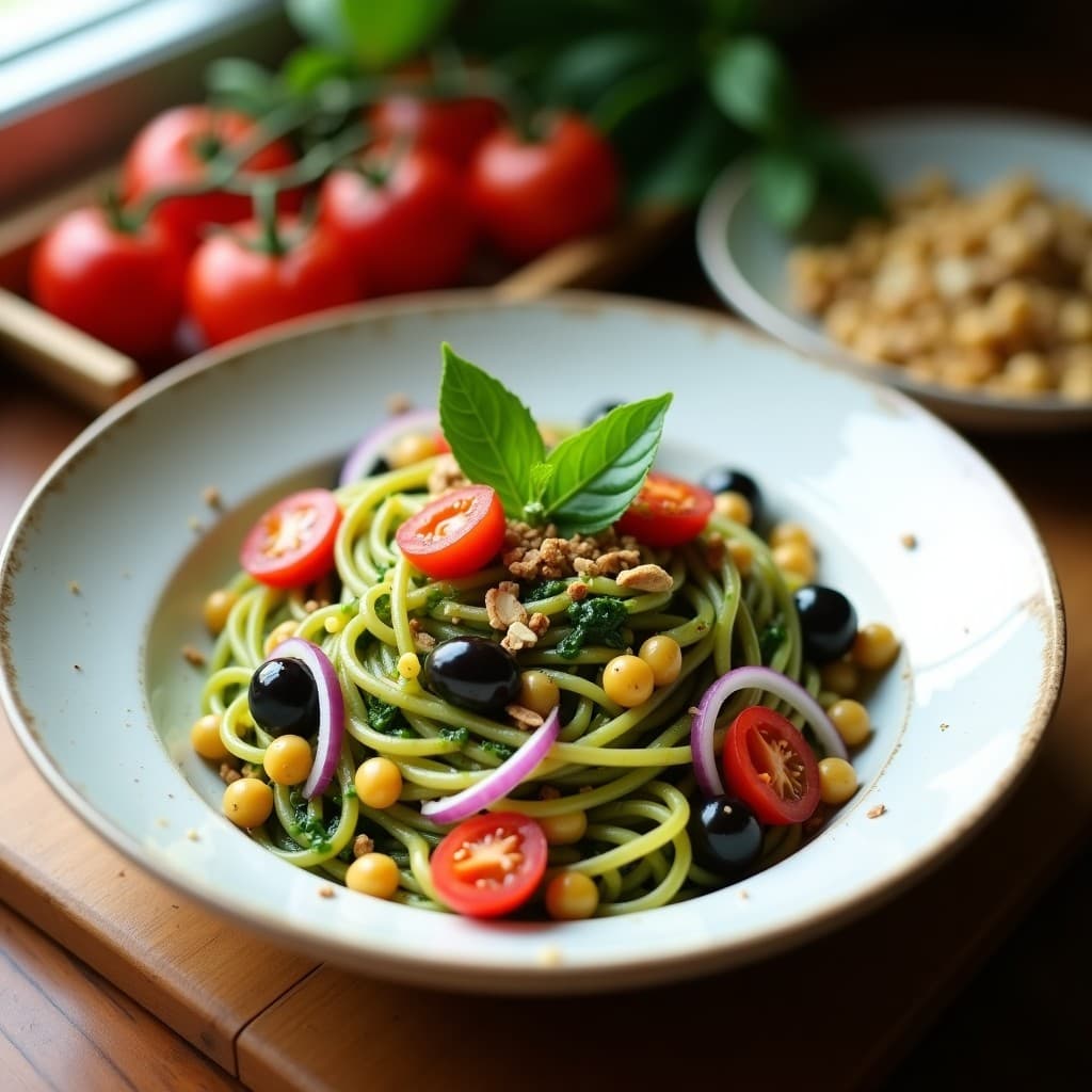 Pasta de Garbanzo con Pesto de Espinacas y Aceitunas Kalamata: Receta Vegana en 15 Minutos