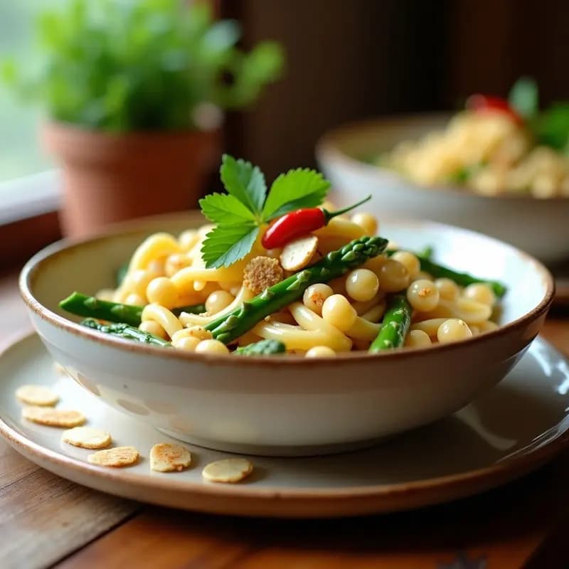 Pasta de Garbanzos con Espárragos y Almendras: Receta Italiana Vegana y Alta en Fibra