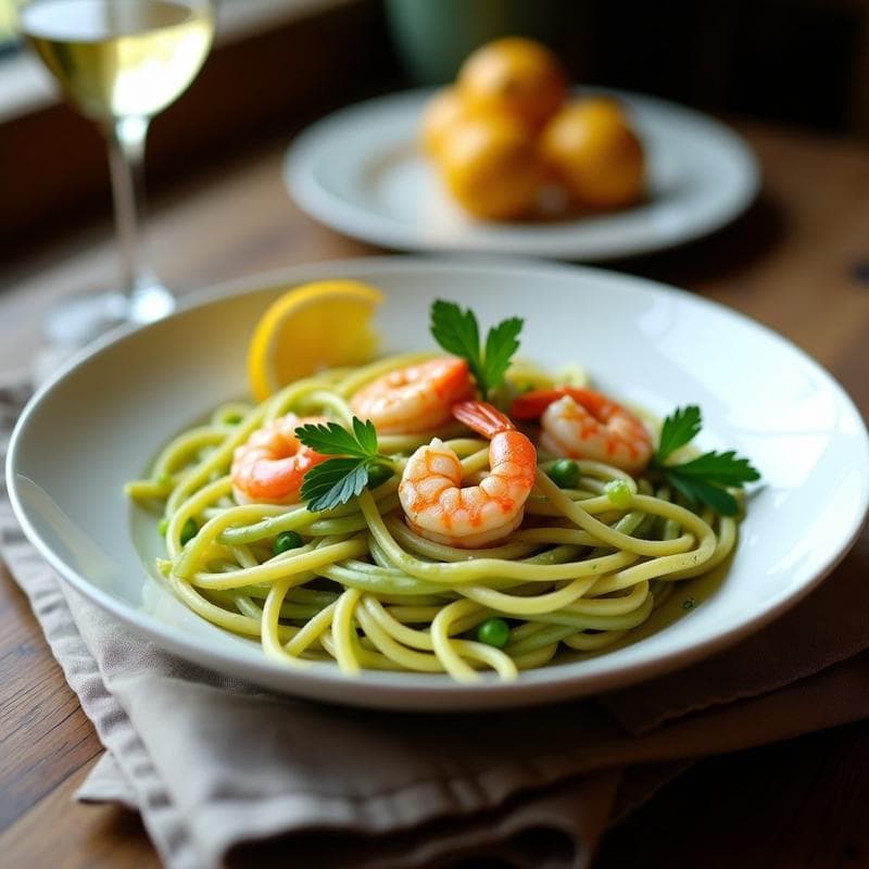 Pasta de Guisante con Salsa de Azafrán y Gambas: Receta Sin Gluten y Alta en Proteína