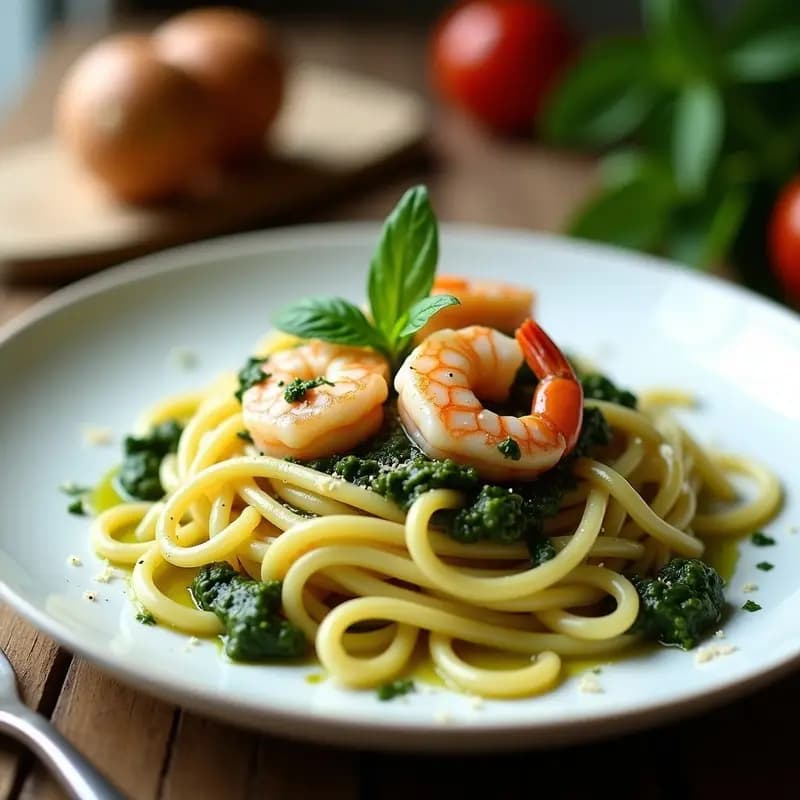 Pasta de Konjac con Gambas y Pesto de Hierbas: Receta Italiana Keto en 15 Minutos