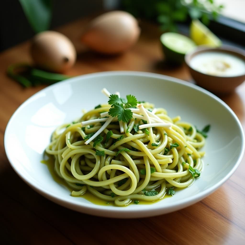 Pasta de Konjac con Pesto de Cilantro y Maní: Receta Tailandesa Keto en 10 Minutos