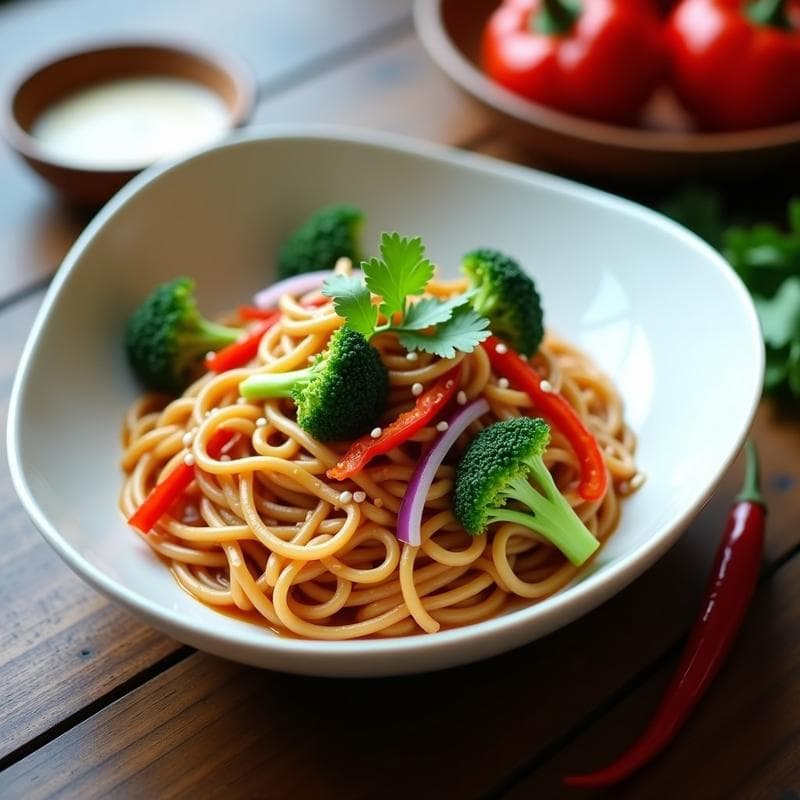 Pasta de Konjac con Salsa de Cacahuete y Vegetales Salteados: Receta Keto en 15 Minutos