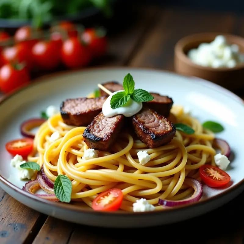 Pasta Kontosouvli con Salsa Tzatziki: Receta Griega de Carnes en Brocheta con Pasta