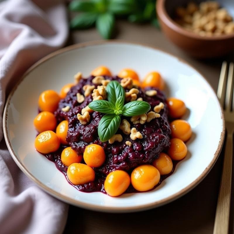 Pasta de Kumara y Nueces con Pesto de Albahaca Morada: Receta Vegana y Sin Gluten en 25 Minutos