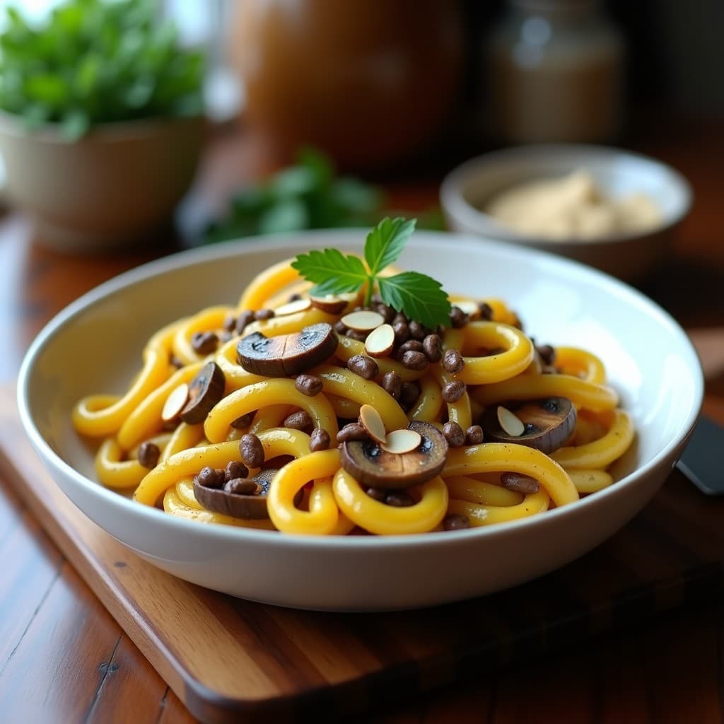 Pasta de Lentejas con Salsa de Azafrán y Champiñones: Receta Sin Gluten y Alta en Fibra