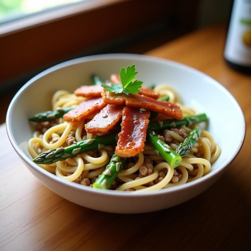 Pasta de Lentejas con Bacon de Tofu y Espárragos: Receta Italiana Alta en Proteína