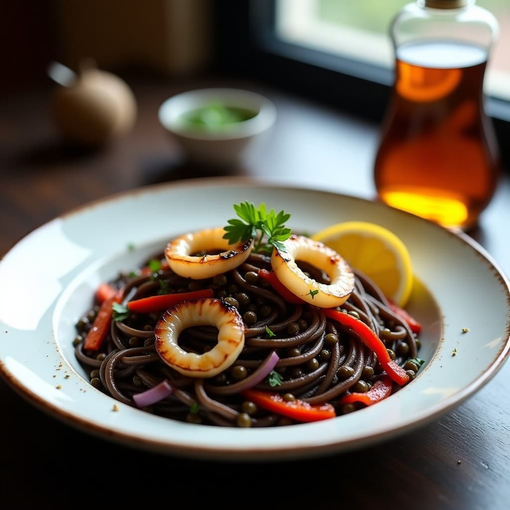 Pasta de Lentejas Negras con Calamar a la Plancha: Receta Sin Gluten con Toque Español