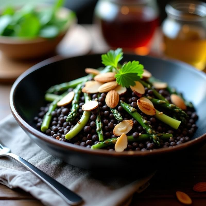 Pasta de Lentejas Negras con Espárragos y Vinagreta de Mostaza Dijón: Receta Sin Gluten