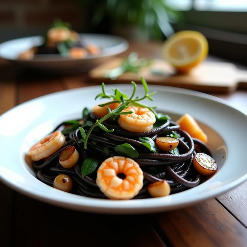 Pasta de Lentejas Negras con Gambas y Ajo Negro: Receta Keto Alta en Proteína