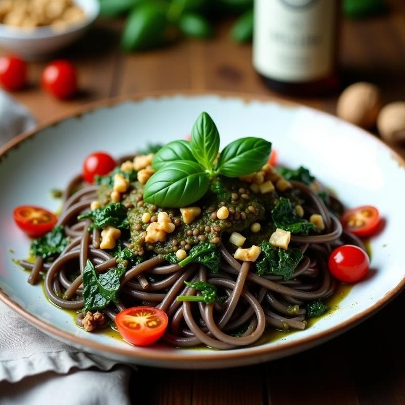 Pasta de Lentejas Negras con Pesto de Albahaca y Nueces: Receta Vegana y Sin Lactosa