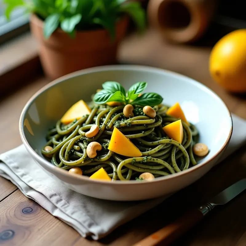 Pasta de Lentejas Negras con Pesto de Piedras de Mango: Receta Italiana Vegana