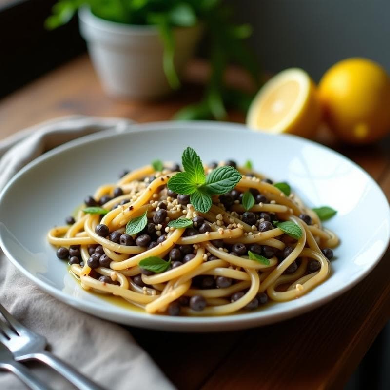 Pasta de Lentejas Negras con Salsa de Tahini y Limón Confitado: Receta Libanesa Vegana en Thermomix