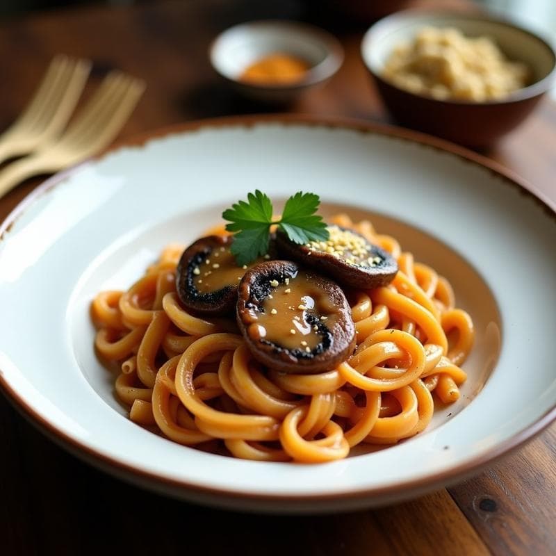 Pasta de Lentejas Rojas con Crema de Ajo Negro y Champiñones: Receta Italiana Sin Gluten en Thermomix