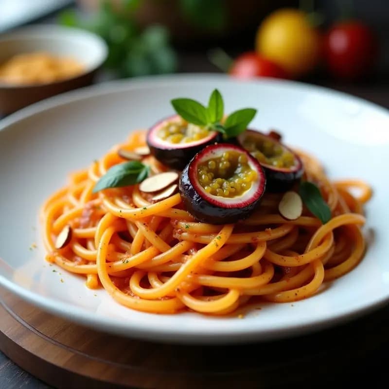 Pasta de Lentejas Rojas con Salsa de Berenjena Asada y Granadilla: Receta Italiana Vegana