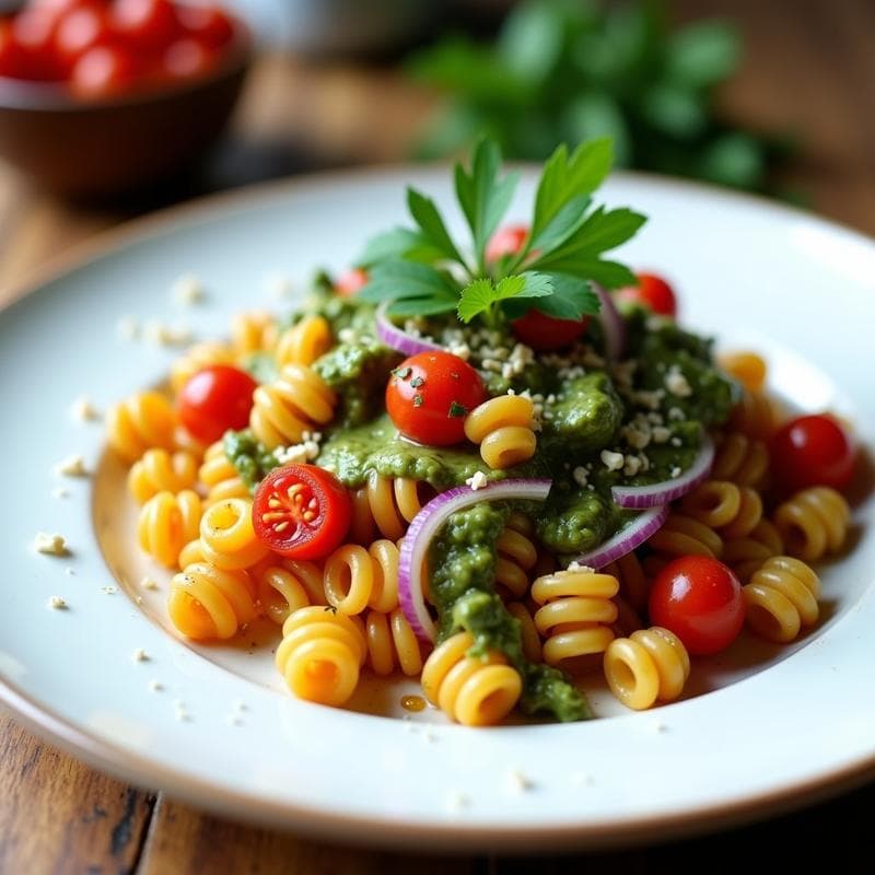 Pasta de Lentejas Rojas con Salsa de Pesto de Perejil y Anacardos: Receta Vegana en Airfryer Sin Lácteos