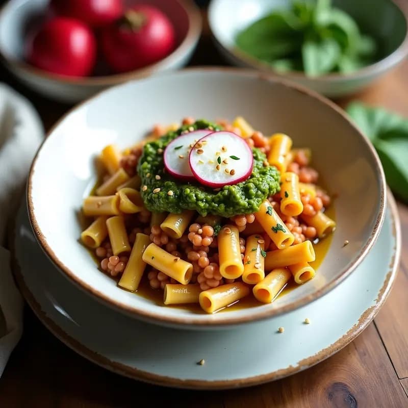 Pasta de Lentejas Rojas con Pesto de Rábano y Almendras: Receta Italiana Sin Trigo