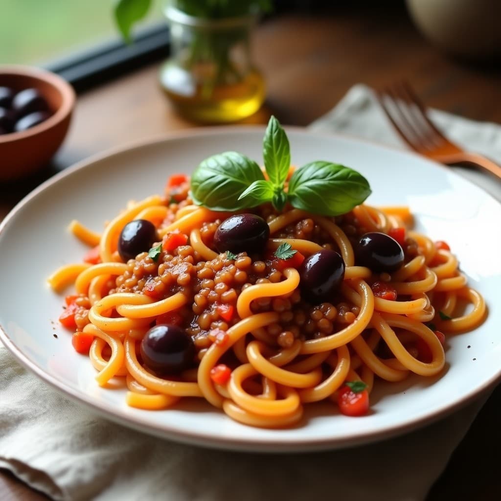 Pasta de Lentejas con Salsa de Tomate y Aceitunas Kalamata: Receta Griega Sin Gluten y Alta en Proteína
