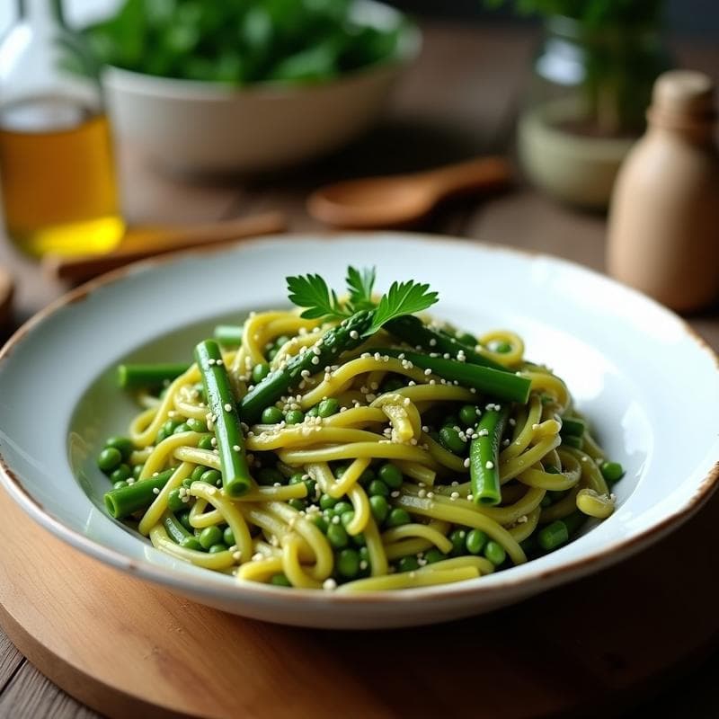 Pasta de Lentejas Verdes con Espárragos y Vinagreta de Mostaza y Miel: Receta en Olla Exprés