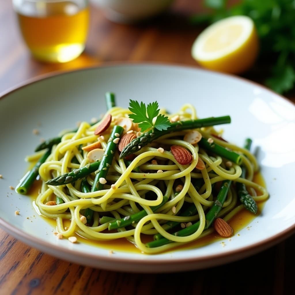 Pasta de Lentejas Verdes con Espárragos y Vinagreta de Azafrán: Receta Griega Sin Gluten