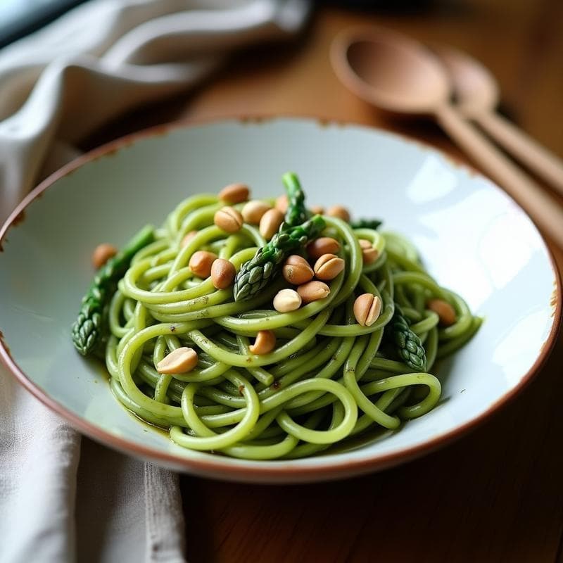 Pasta de Lentejas Verdes con Pesto de Espárragos y Piñones: Receta Sin Gluten y Vegana