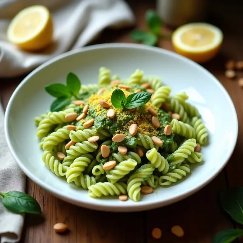Pasta al Limone con Espirulina y Piñones: Receta Italiana Vegana y Alta en Nutrientes
