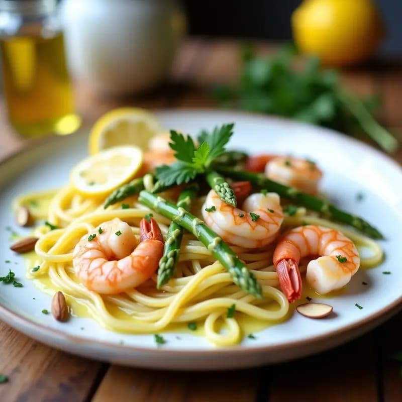 Pasta al Limone con Gambas y Espárragos: Receta Italiana Primaveral en 20 Minutos