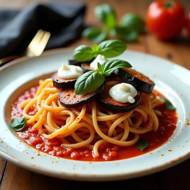 Pasta a la Norma con Berenjena Ahumada y Ricotta de Almendra: Receta Siciliana Vegana