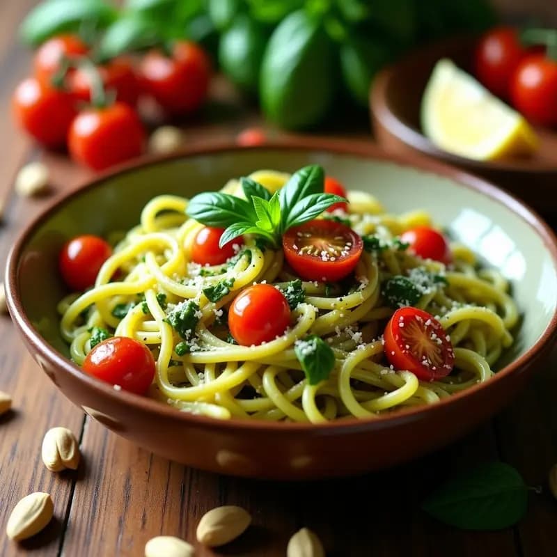 Pasta al Pesto de Albahaca y Piñones con Tomates Cherry: Receta Italiana Clásica y Ligera