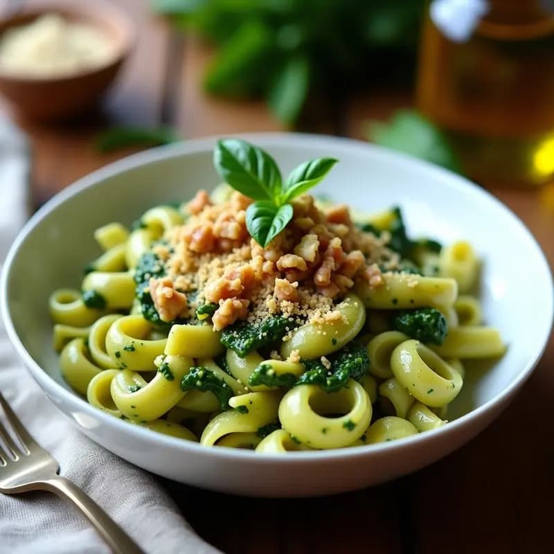 Pasta al Pesto de Espinacas y Nueces: Receta Italiana Sin Lactosa y con Toque Crujiente