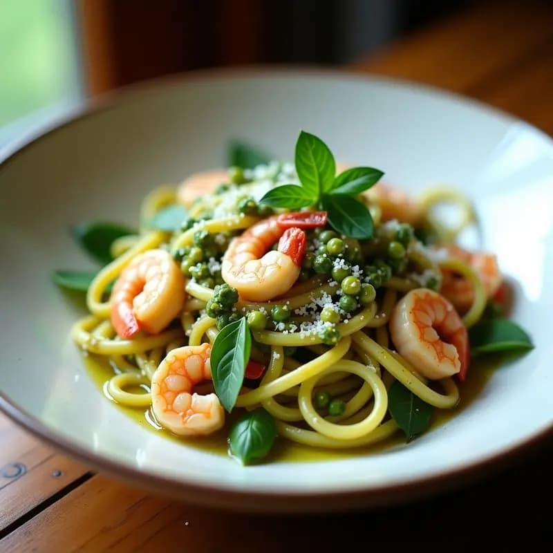 Pasta al Pesto de Pistacho y Albahaca con Gambas Tigre: Receta Italiana Gourmet en 15 Minutos