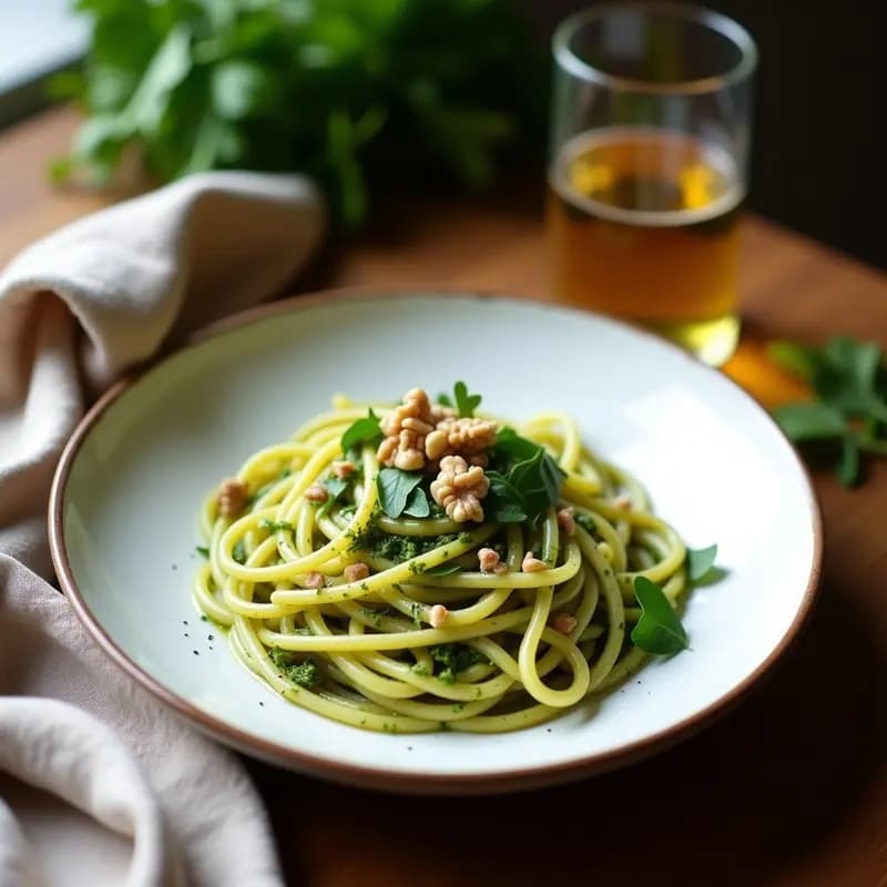 Pasta al Pesto de Rúcula y Nueces: Receta Italiana Sin Lactosa y Baja en Calorías