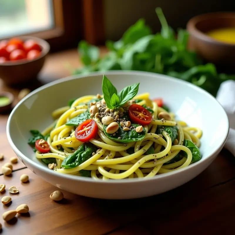Pasta al Pesto de Rúcula y Pistacho con Tomates Secos: Receta Italiana Sin Lácteos y Alta en Hierro