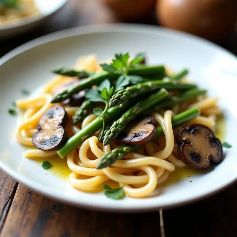 Pasta Primavera con Espárragos Trigueros y Champiñones: Receta Italiana Sin Lácteos en 20 Minutos
