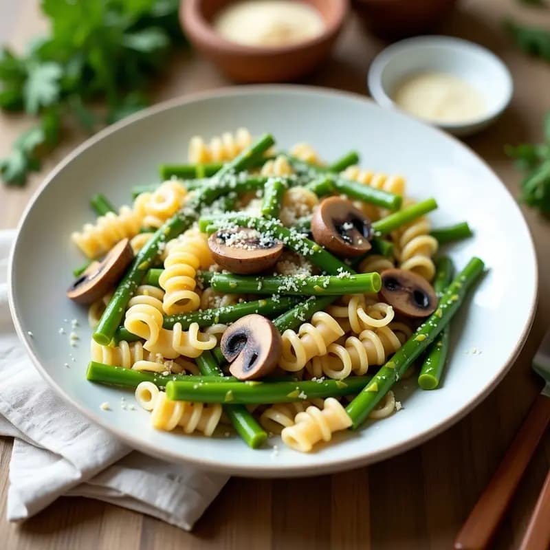 Pasta Prima Vera con Espárragos y Champiñones: Receta Italiana de Temporada y Baja en Calorías