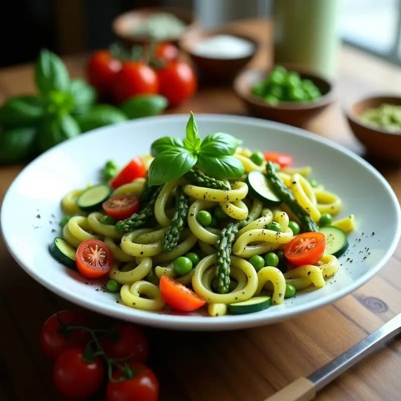 Pasta Primavera con Pesto de Albahaca y Espirulina: Receta Italiana Vegana y Sin Lácteos