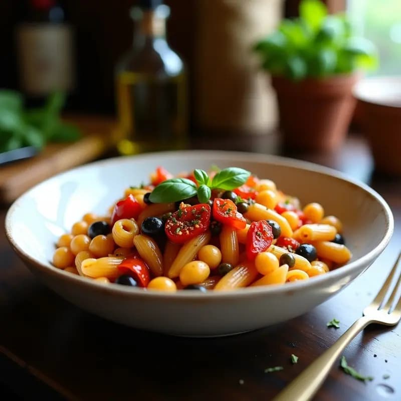 Pasta alla Puttanesca con Alcaparras y Aceitunas Negras: Receta Italiana Vegana y Sin Lactosa