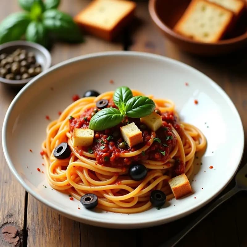 Pasta con Salsa de Anchoas y Pan Tostado: Receta Siciliana Tradicional (Pasta alla Puttanesca)